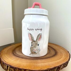 Rae Dunn Happy Spring Bunny Rabbit Canister Ivory Magenta Pink Handle 8.5” X 4.5
